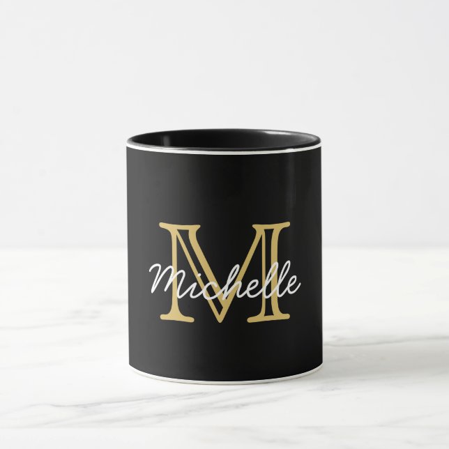 Modern Elegant Black Gold Handwritten Monogrammed Mug (Center)