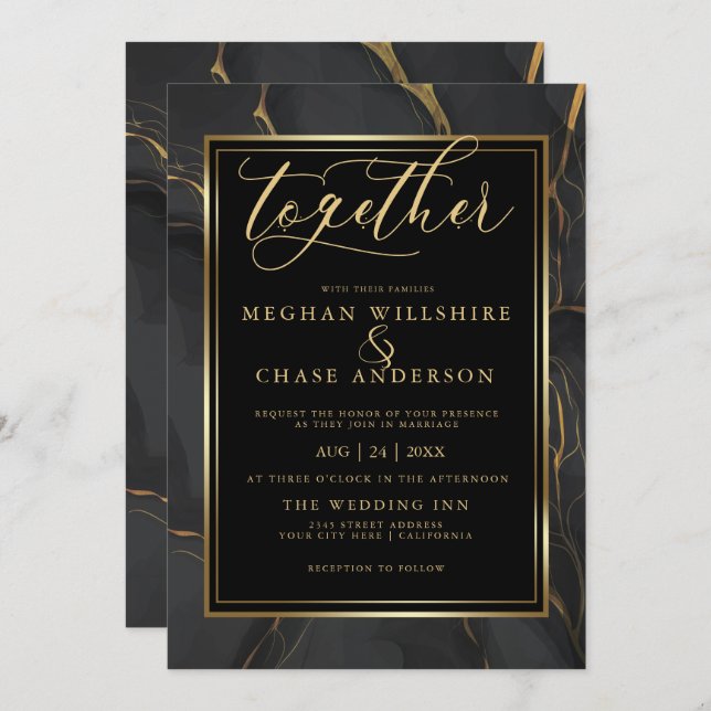 Modern Elegant Black Gold Marble BarefootBride™ Invitation (Front/Back)