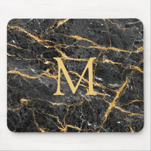 Modern Elegant Black Gold Marble Monogram Mouse Mat