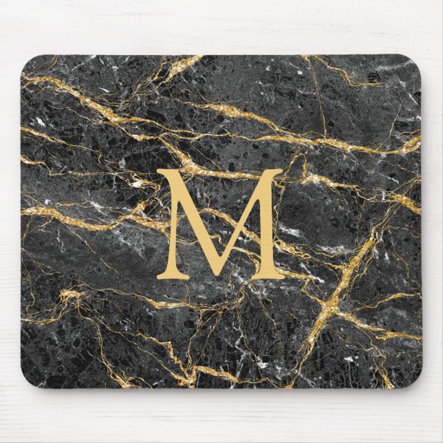 Modern Elegant Black Gold Marble Monogram Mouse Mat (Front)