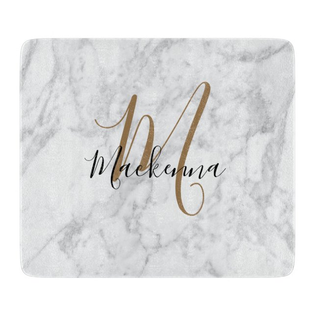 Modern Elegant Black Gold Monogram Luxury Marble Cutting Board (Front)