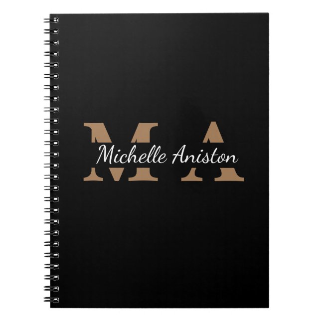 Modern Elegant Black Gold Monogram Minimalist  Notebook (Front)
