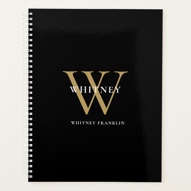 Modern Elegant Black Gold Monogram Name Planner (Front)