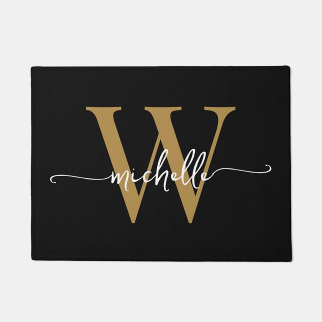 Modern Elegant Black Gold Monogram Name Script Doo Doormat (Front)