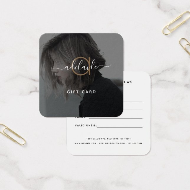 Modern Elegant Black Gold Monogram Photo Gift Card (Office)