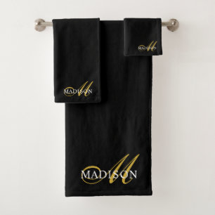 Modern Elegant Black Gold Monogram Script Initial  Bath Towel Set