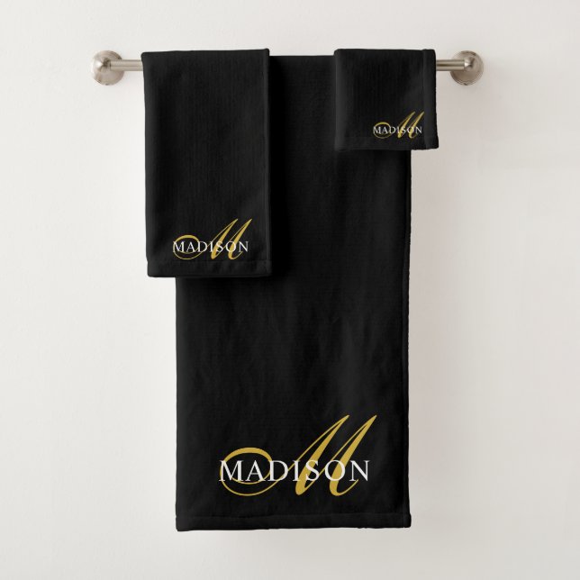Modern Elegant Black Gold Monogram Script Initial  Bath Towel Set (Insitu)