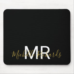 Modern elegant black gold monogram script mouse mat