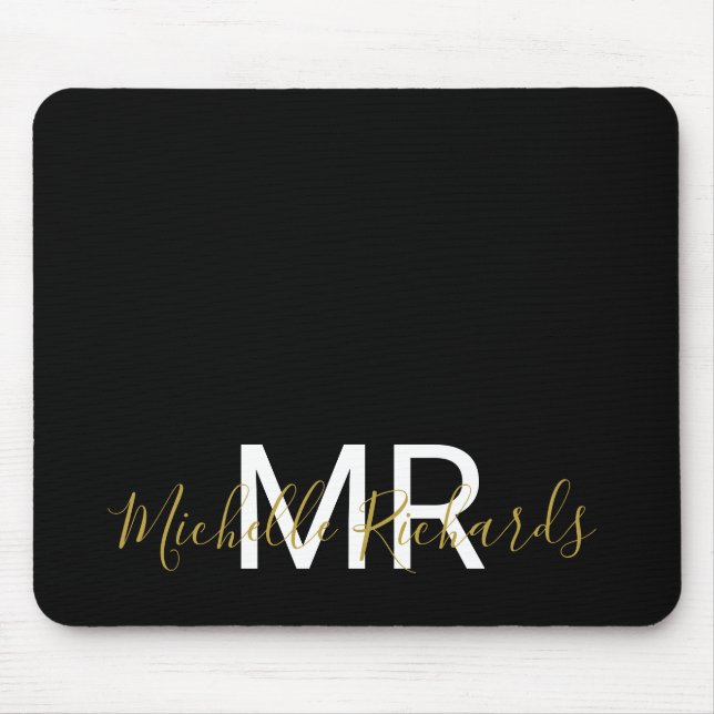 Modern elegant black gold monogram script mouse mat (Front)