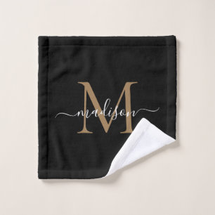 Modern Elegant Black Gold Monogram Script Name Bat Bath Towel Set
