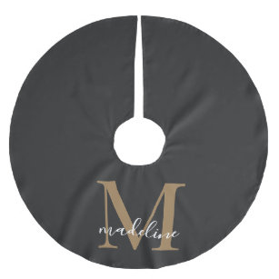 Modern Elegant Black Gold Monogram Script Name   Brushed Polyester Tree Skirt