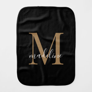 Modern Elegant Black Gold Monogram Script Name   Burp Cloth