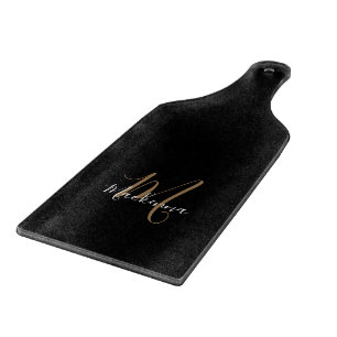 Modern Elegant Black Gold Monogram Script Name Cutting Board