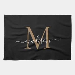Modern Elegant Black Gold Monogram Script Name Tea Towel