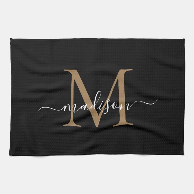 Modern Elegant Black Gold Monogram Script Name Tea Towel (Horizontal)