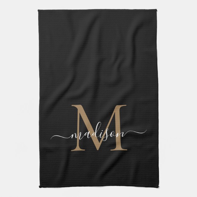 Modern Elegant Black Gold Monogram Script Name Tea Towel (Vertical)