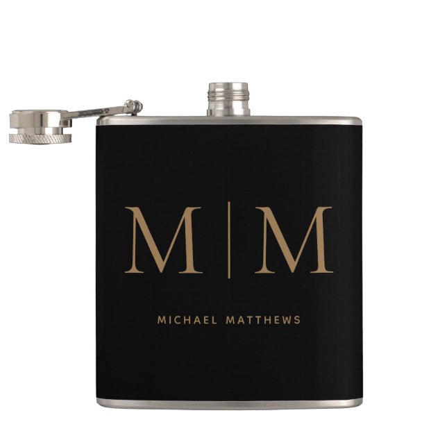 Modern Elegant Black Gold Monogrammed Initial Name Hip Flask (Opened)