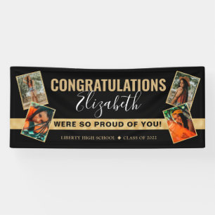 Modern Elegant Black Gold Photo Collage Graduation Banner