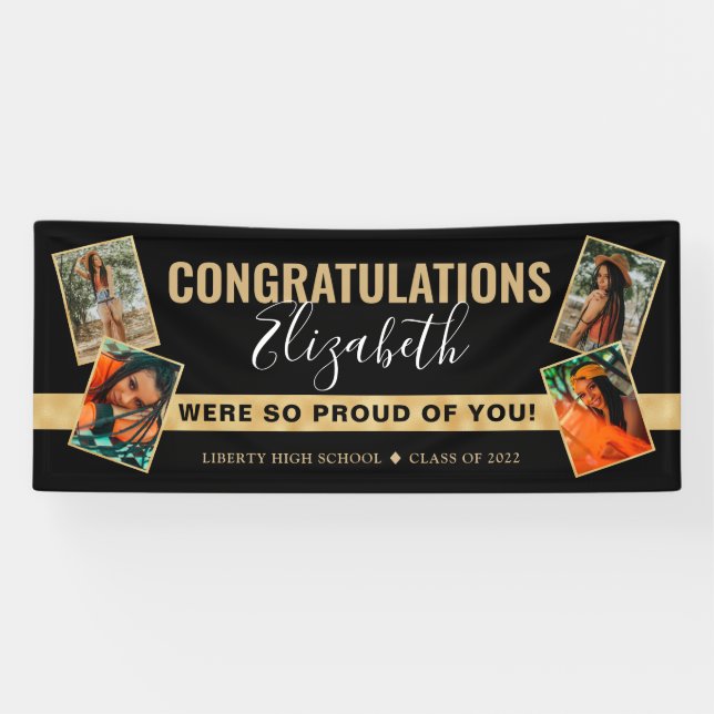 Modern Elegant Black Gold Photo Collage Graduation Banner (Horizontal)