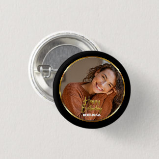 Modern Elegant Black & Gold Photo Name Birthday 3 Cm Round Badge