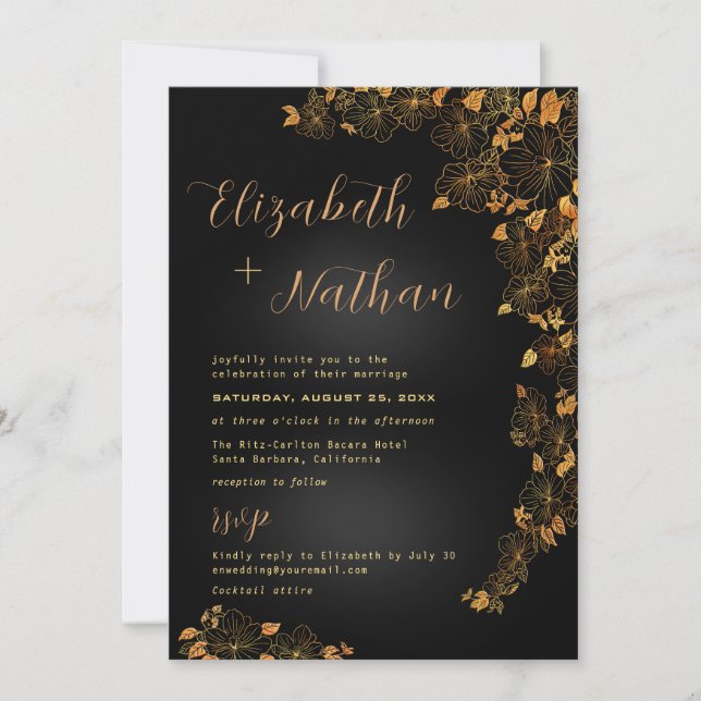 Modern Elegant Black & Gold Quote Floral Wedding  Invitation (Front)