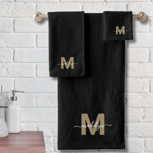Modern Elegant Black Gold Script Name Monogram Bath Towel Set