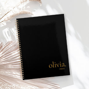 Modern Elegant Black Gold Simple Monogram Name Planner