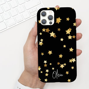 Modern Elegant Black Gold Stars Script w/ Name iPhone 15 Case