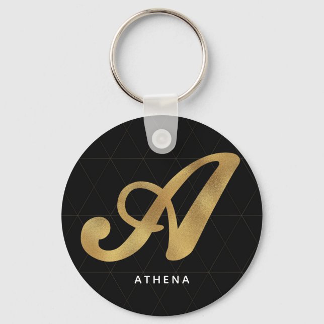 Modern Elegant Black Gold Stylish Monogram A Key Ring (Front)