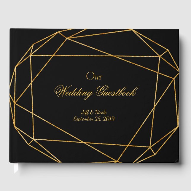 Modern Elegant Black & Gold Wedding Guest Book (Front)