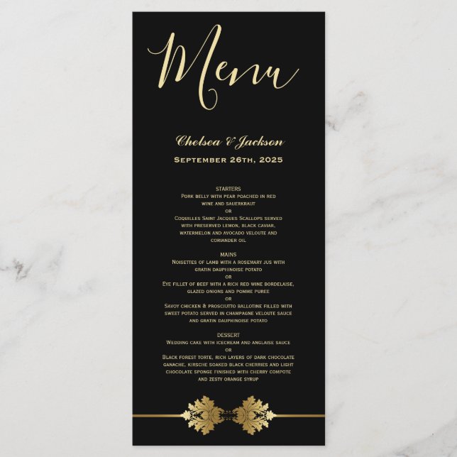 Modern Elegant Black Gold Wedding Menu (Front)