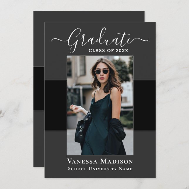 Modern | Elegant Black Grey 1 Photo Graduation Announcement (Front/Back)