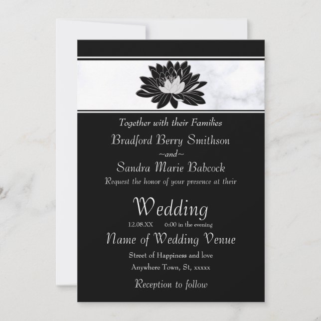 Modern Elegant, Black Grey Floral Waterlily Invitation (Front)