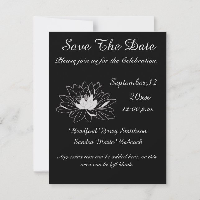 Modern Elegant, Black Grey Floral Waterlily Save The Date (Front)