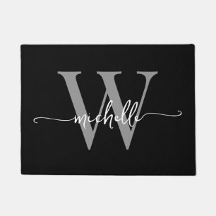 Modern Elegant Black Grey Monogram Name Script Doormat
