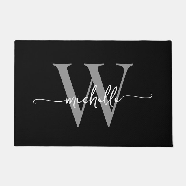 Modern Elegant Black Grey Monogram Name Script Doormat (Front)