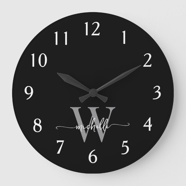 Modern Elegant Black Grey Monogram Name Script Large Clock (Front)