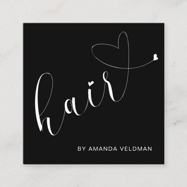 Modern Elegant Black Heart Hair Stylist Square Business Card (Front)