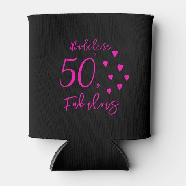 Modern Elegant Black Hot Pink Hearts 50th Birthday Can Cooler (Front)