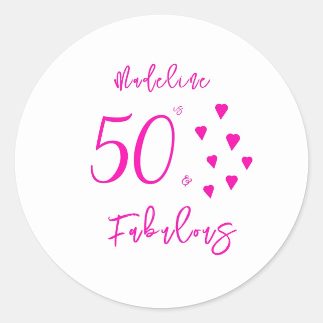 Modern Elegant Black Hot Pink Hearts 50th Birthday Classic Round Sticker (Front)