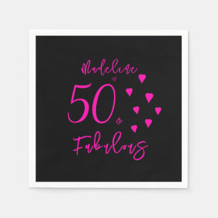 Modern Elegant Black Hot Pink Hearts 50th Birthday Napkin