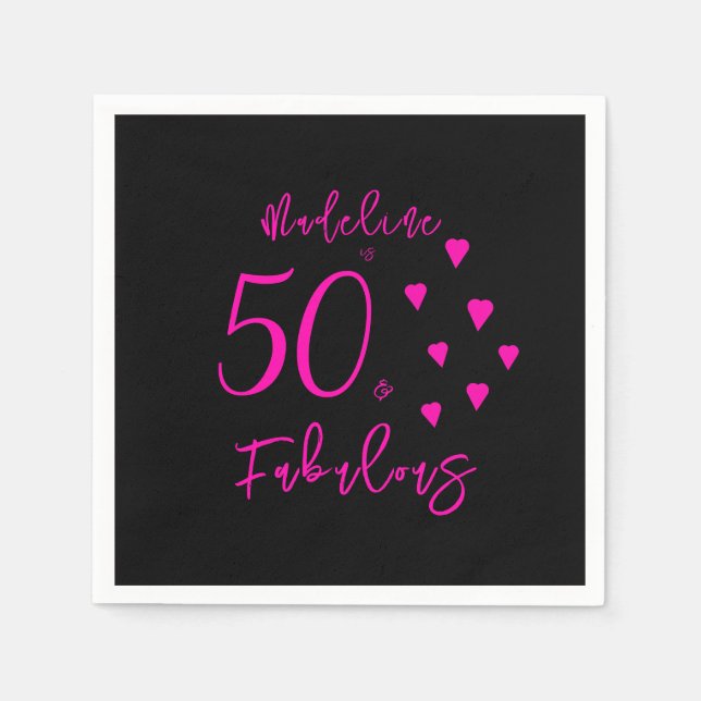Modern Elegant Black Hot Pink Hearts 50th Birthday Napkin (Front)