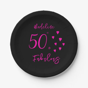 Modern Elegant Black Hot Pink Hearts 50th Birthday Paper Plate