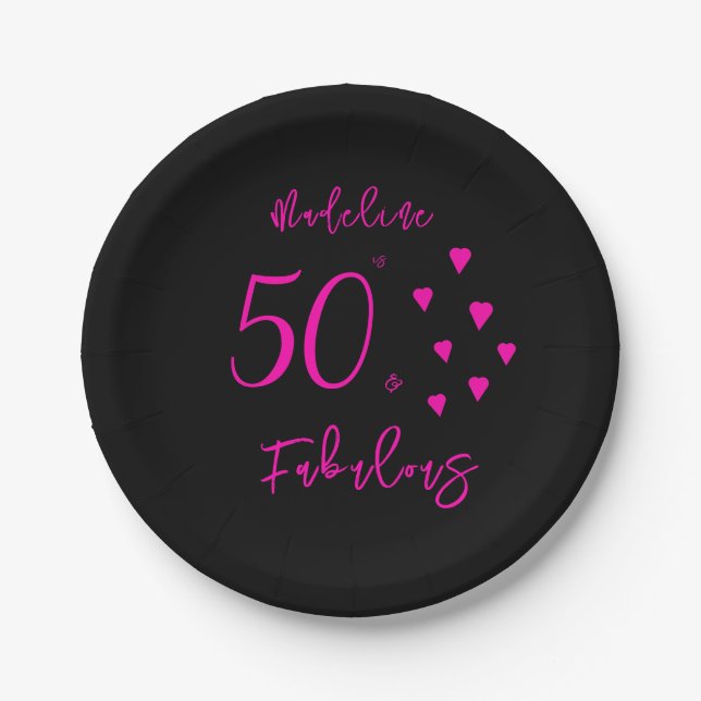 Modern Elegant Black Hot Pink Hearts 50th Birthday Paper Plate (Front)