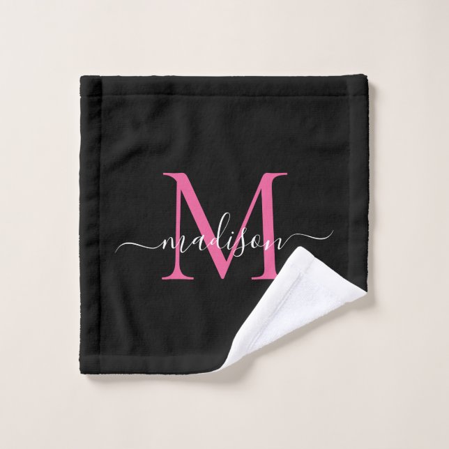 Modern Elegant Black Hot Pink Monogram Script Wash Cloth (Wash Cloth)