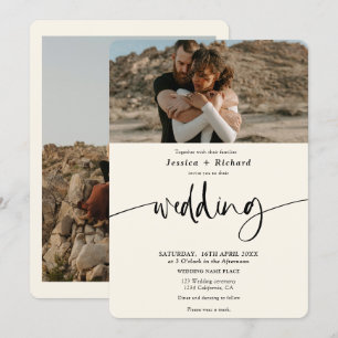 Modern elegant black ivory wedding script photos invitation