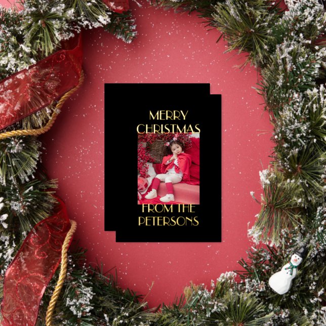 Modern Elegant Black Merry Christmas Photo Gold Foil Holiday Card (Insitu)
