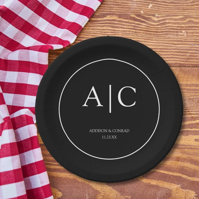Modern Elegant Black Monogram Wedding Round Paper Plate (Creator Uploaded)