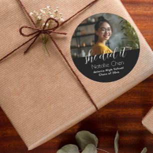 Modern Elegant Black Photo Graduation  Classic Round Sticker