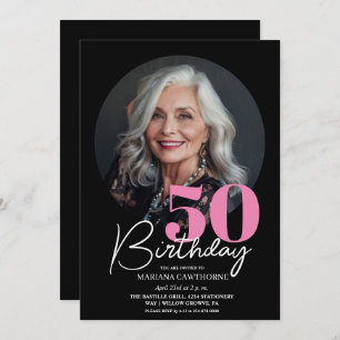 Modern Elegant Black Pink 50th Birthday Party  Invitation